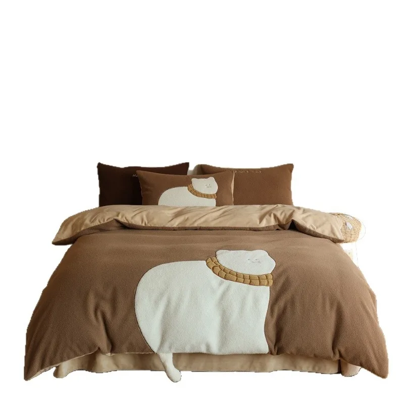 Cute baa baa fleece four-piece set, cartoon sticker embroidered milk fleece thickened warm coral fleece quilt cover bedding