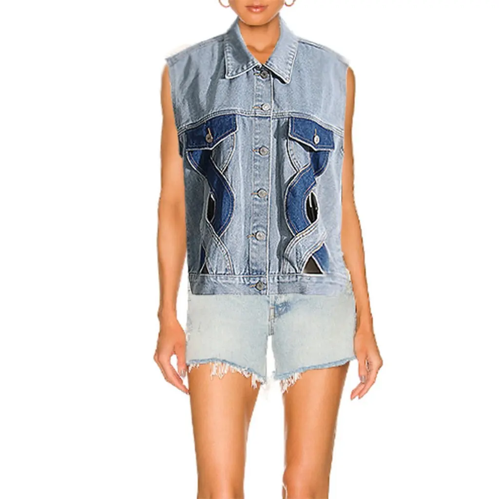 

Women's Elegant Lapel Sleeveless Vest Patchwork Twist Hollow Design Versatile Denim Summer Fashion Top New Style