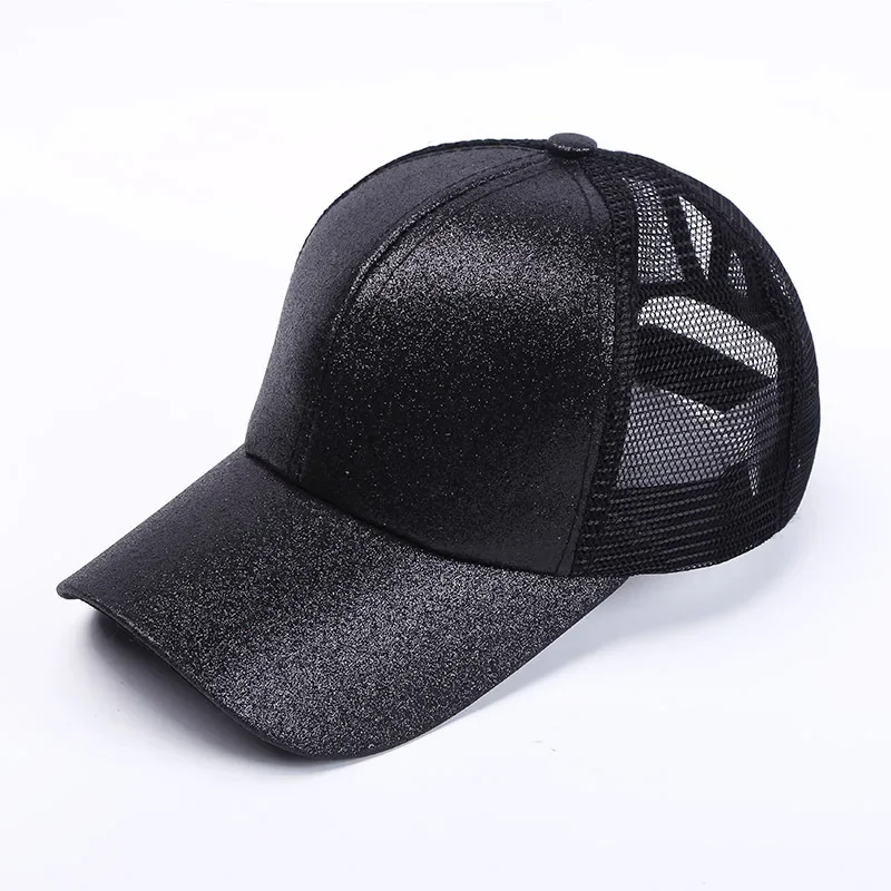 Ponytail Baseball Cap for Women Shiny Glitter Sequins Woman Summer Cap Mesh Sunhat Pure Color High Messy Bun Hat