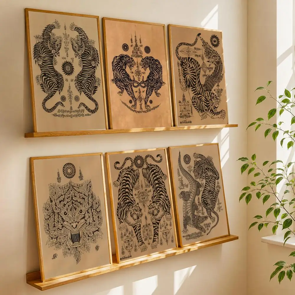 T-Thai Sak Yant Twin Tigers Painting Calligraphy Canvas Poster Art for Bedroom Living Room Home Decor Wall Decoration Decals