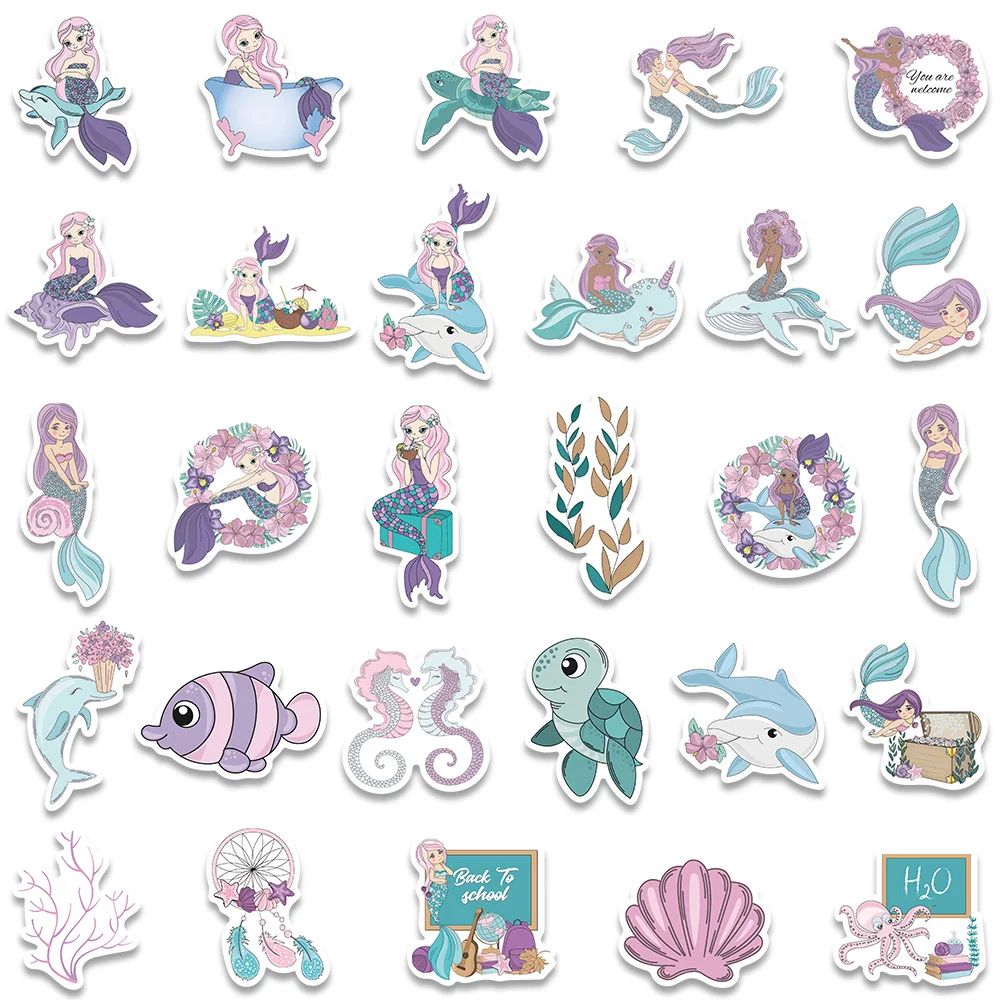 56PCS Pink Kawaii Mermaid Girl Cute Stickers Skateboard Notebook Fridge Phone Guitar Luggage Decal Sticker Kids Toy