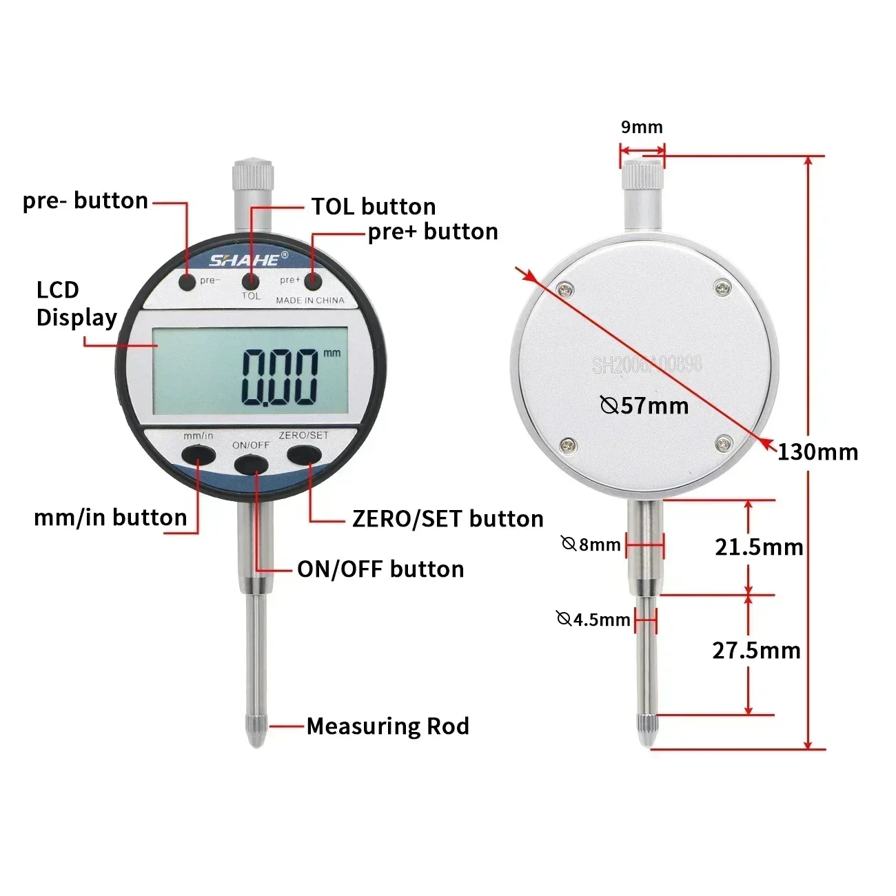 SHAHE 0-12.7/25.4 mm/0.01 mm  Electronic Digital Dial Indicator Gage Inch/Metric Conversion Indicators Measuring Tool