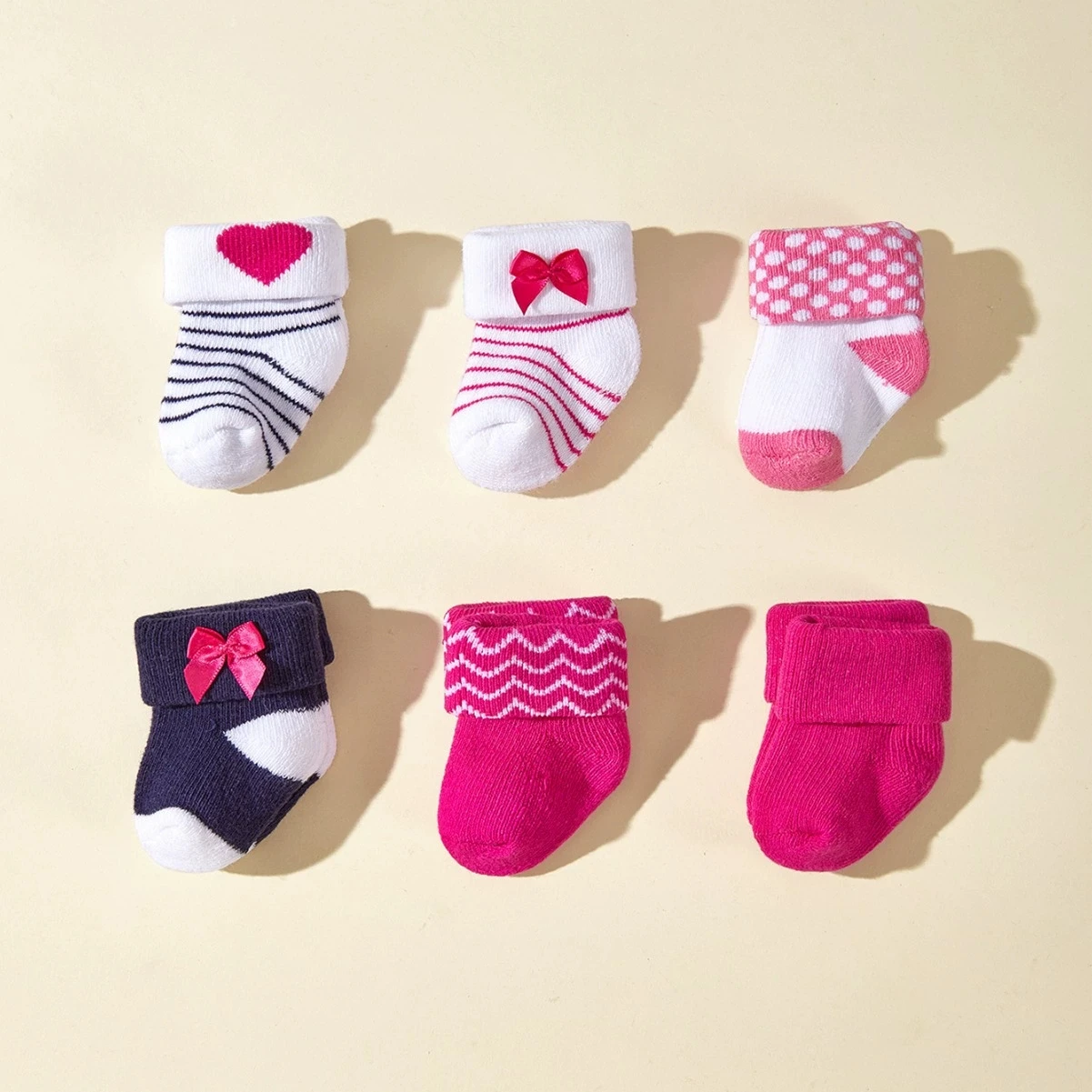 6pair/set Cotton Knitted Baby Socks Hot Pink Candy Colors Winter Warm Newborn Woolen Stocking Cute Bow Short Sock Floor Socks