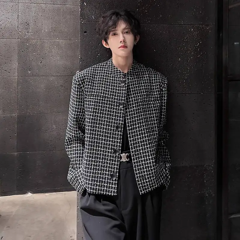 WTHT Fashion Men's Plaids Shoulder Pads Design Loose Coats Trendy 2025 Autumn Round Collar Single Breasted Jackets Male 2A2169