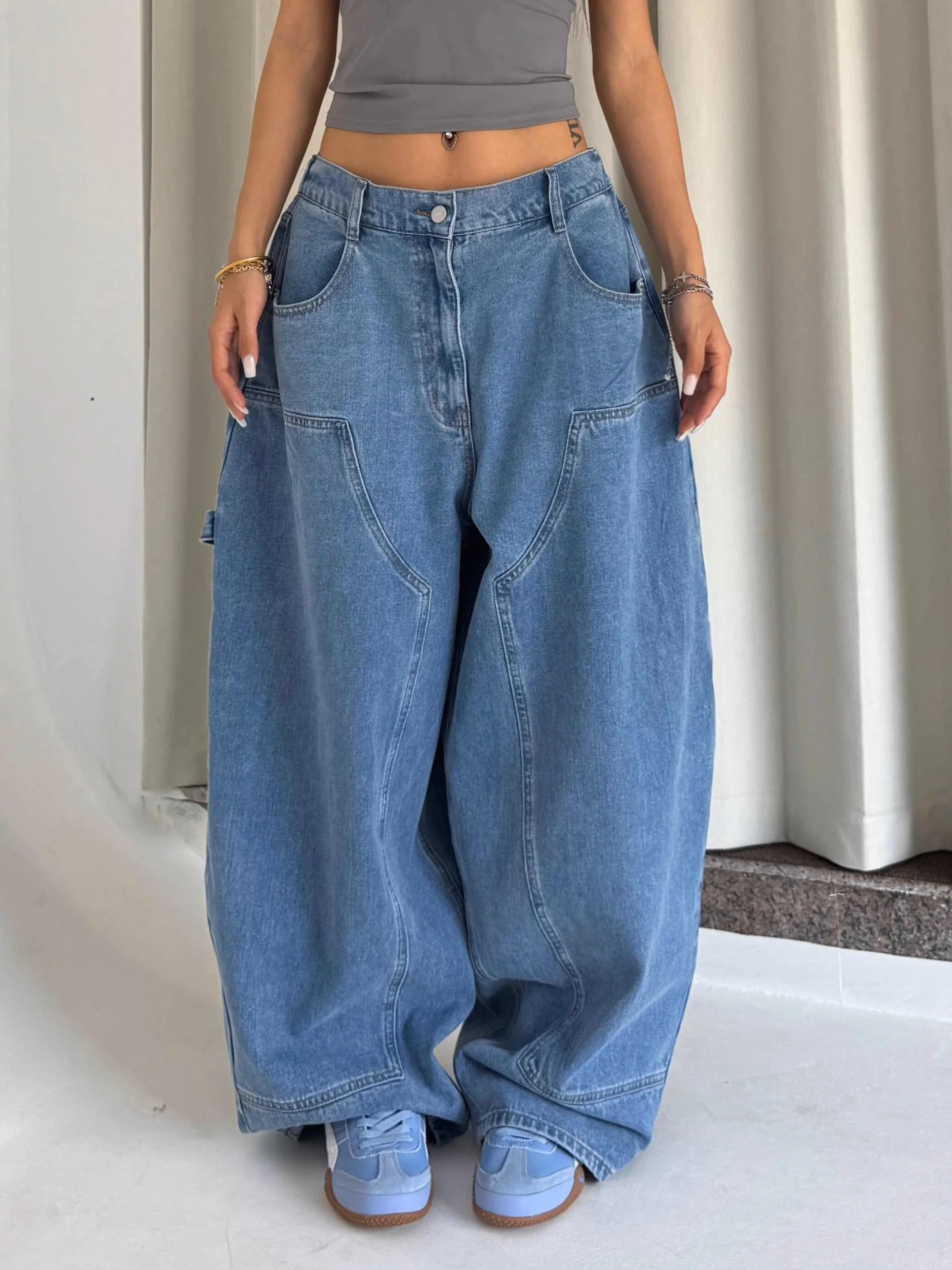 

Waed Light Blue American Street Hip Hop Spicy Girl Jeans Loose Casual Skateboarding Dance Long Pants Men Women Wide Leg