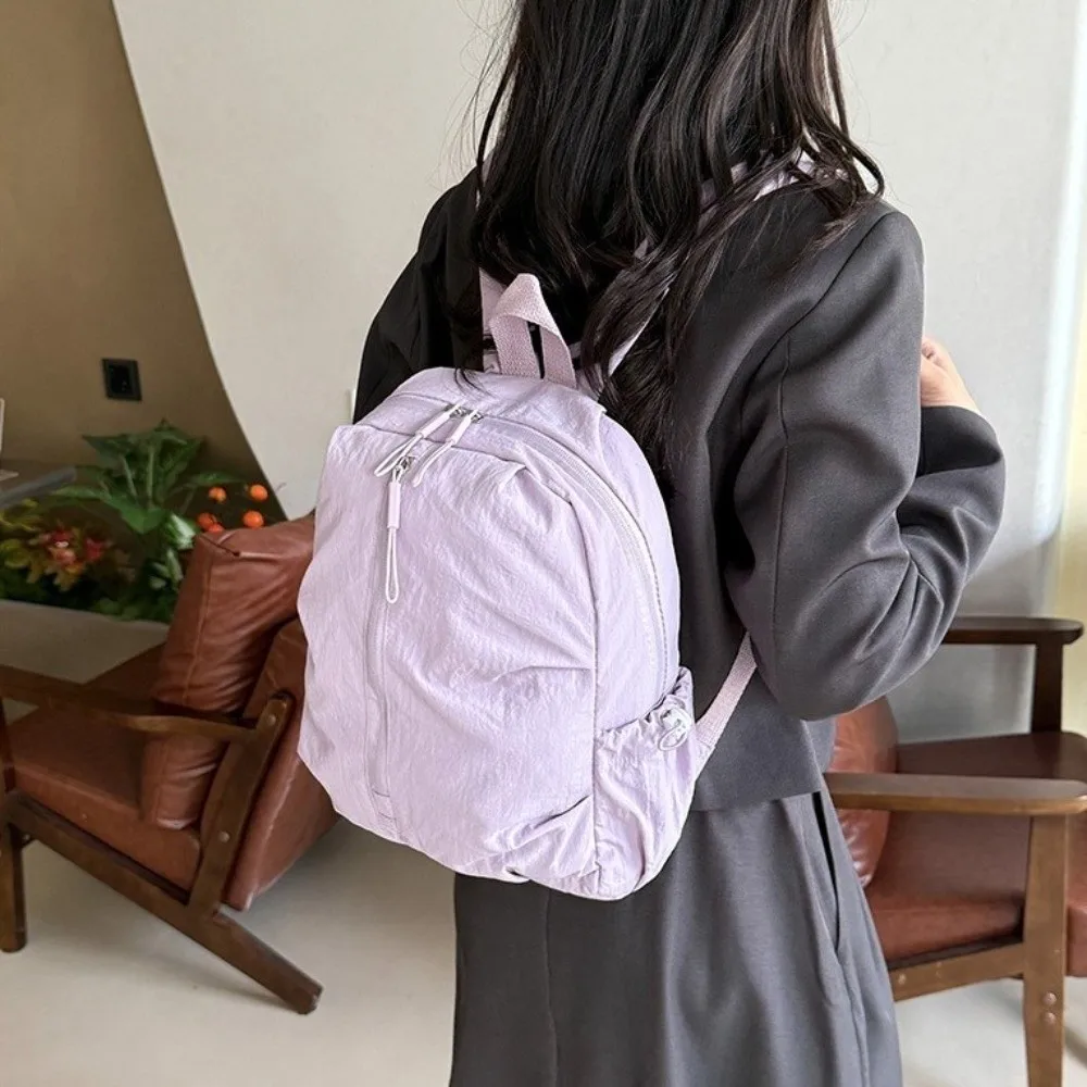 Casual Pleated Nylon Backpack Solid Color Lightweight Rucksack Durable Large Capacity Student School Bag Outdoor