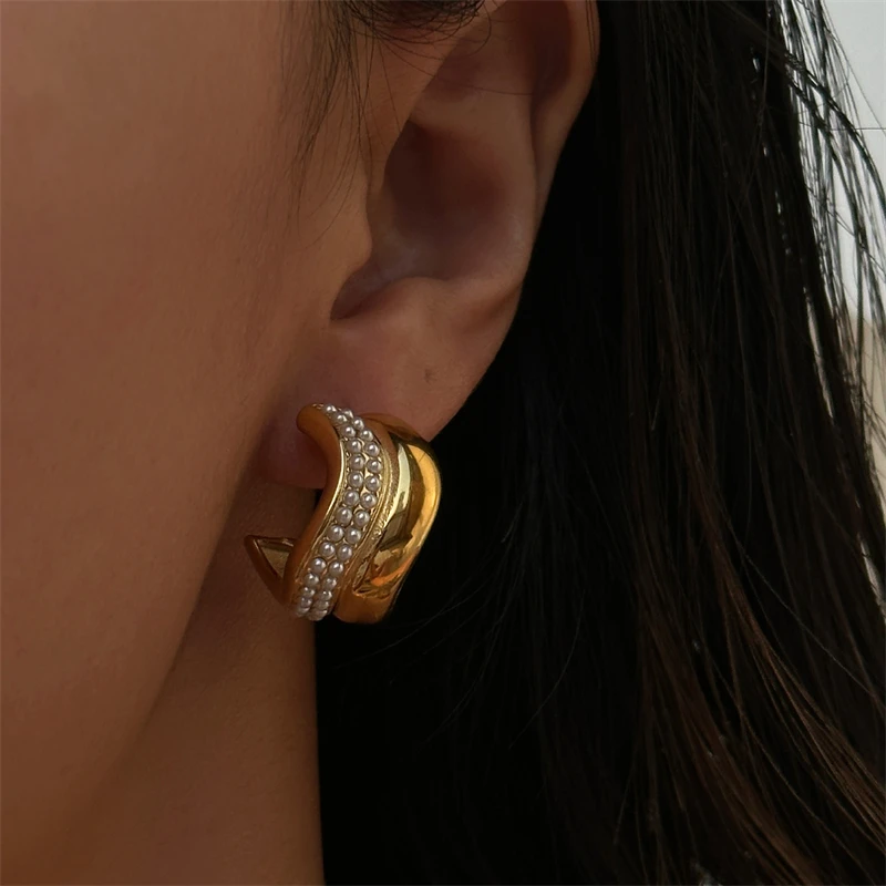 أقراط مرصعة على شكل حرف C للنساء ، فولاذ مقاوم للصدأ 316 لتر ، مجوهرات فريدة ، لؤلؤ مضفر ، منحني ، موضة جديدة ، #2