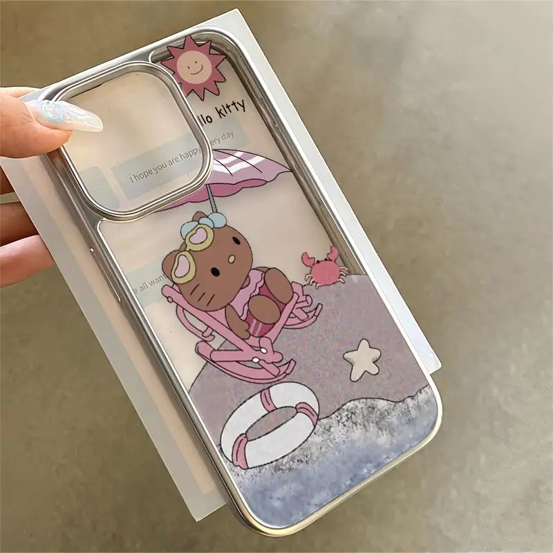 Sanrio Vacation Black Skin Hello Kitty For IPhone16 15 14ProMax 11 12 13Pro XR XS 7 8Plus Bow Tie Rope Electroplated Soft  Cover