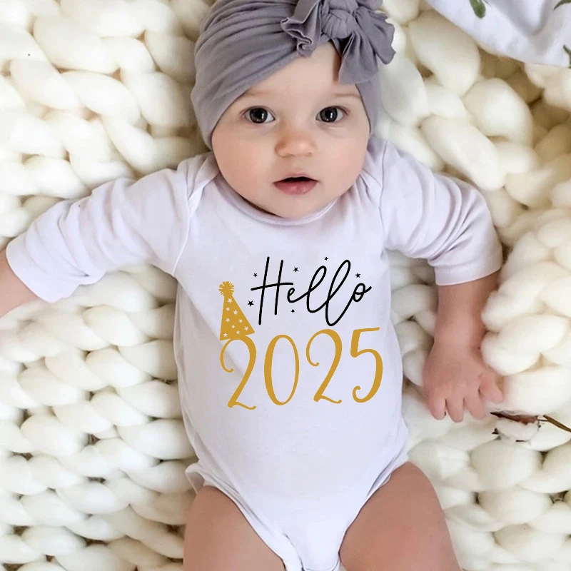 Hello 2025 bayi baru lahir Bodysuit katun lengan panjang bayi Romper tubuh bayi laki-laki perempuan Tahun Baru pakaian Ropa hadiah Natal