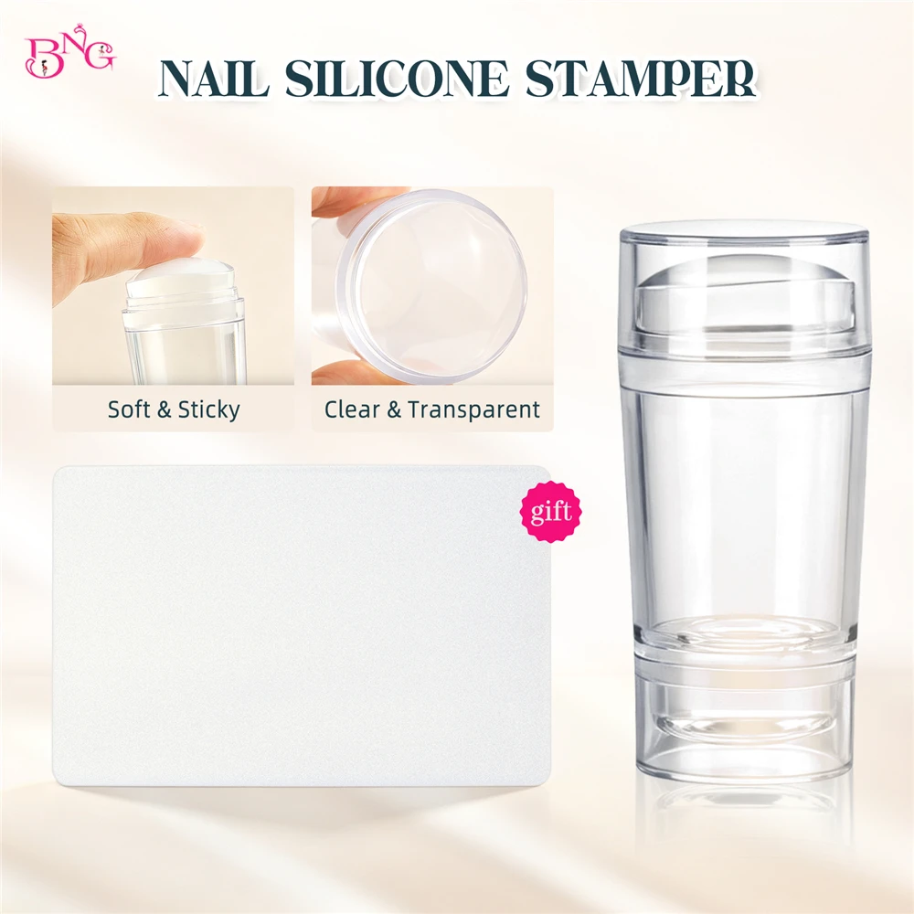 BNG 1Pc Clear Nail Stamper with Scraper Card Transparent Nail Silicone Stamper for Precise Nail Design Nail Art Stamping Tools