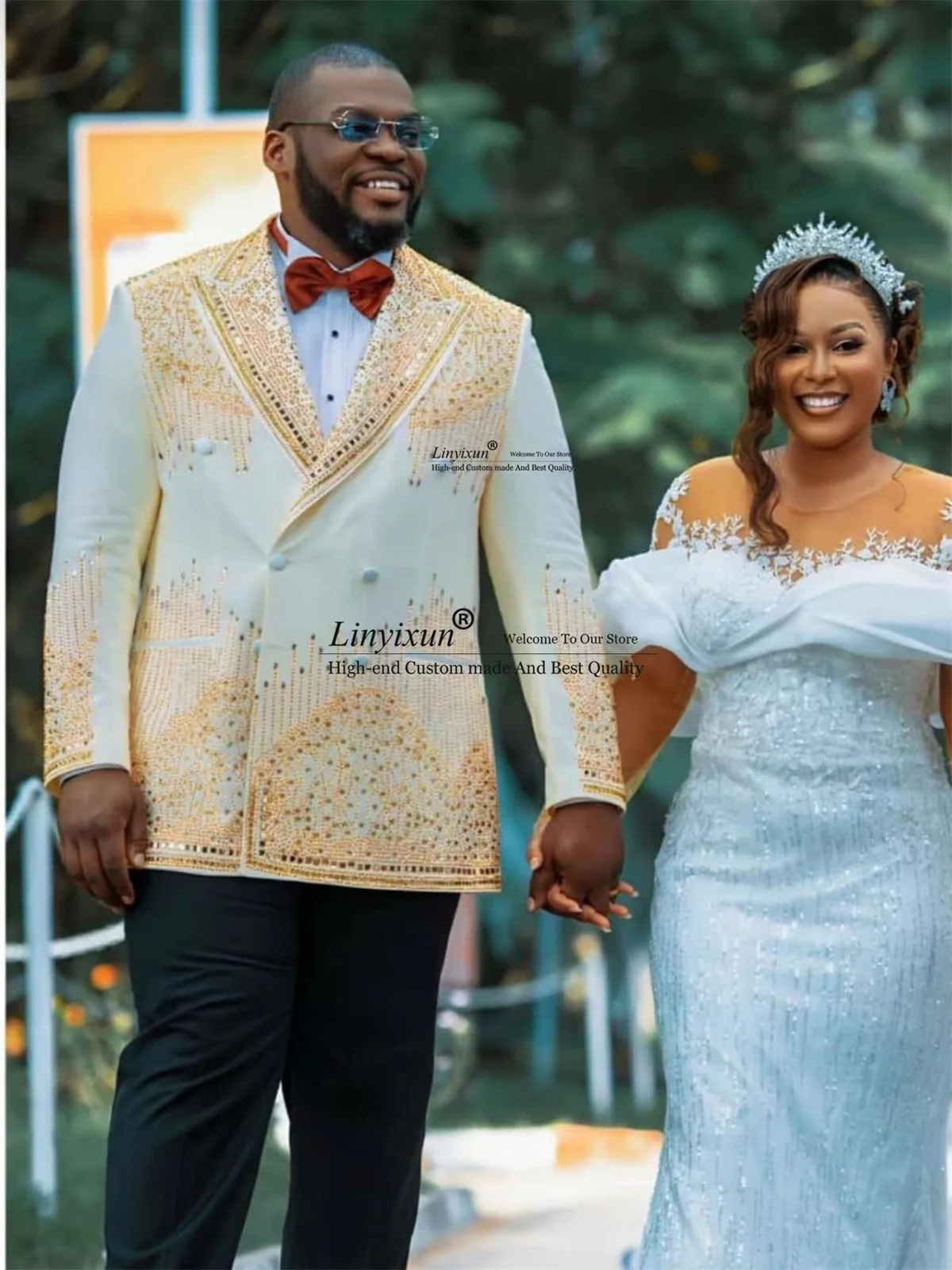 

High End Beaded Diamond Men Suits 2 Pieces Sets Wedding trajes para hombre Customized Peaked Lapel Slim Party Groom Wear Blazer