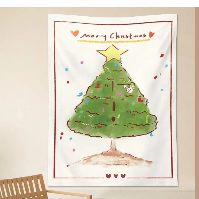 VIKAMA Happy Christmas Graffiti Tapestry Cute Hand drawn Cartoon Christmas Wall Hanging Bedroom Children's Room Party Decoration