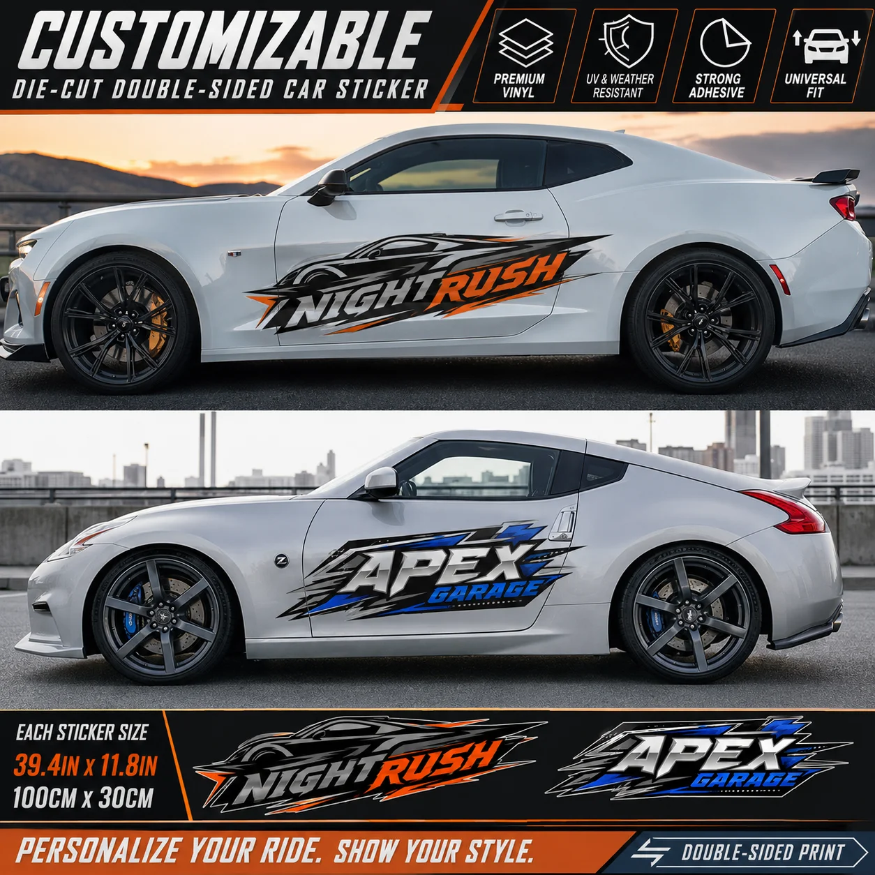 Personalized Car Decal Custom Car Sticker Double Side Die Cut Vinyl Waterproof Auto Body Door Graphic Racing Decoration 100x30cm