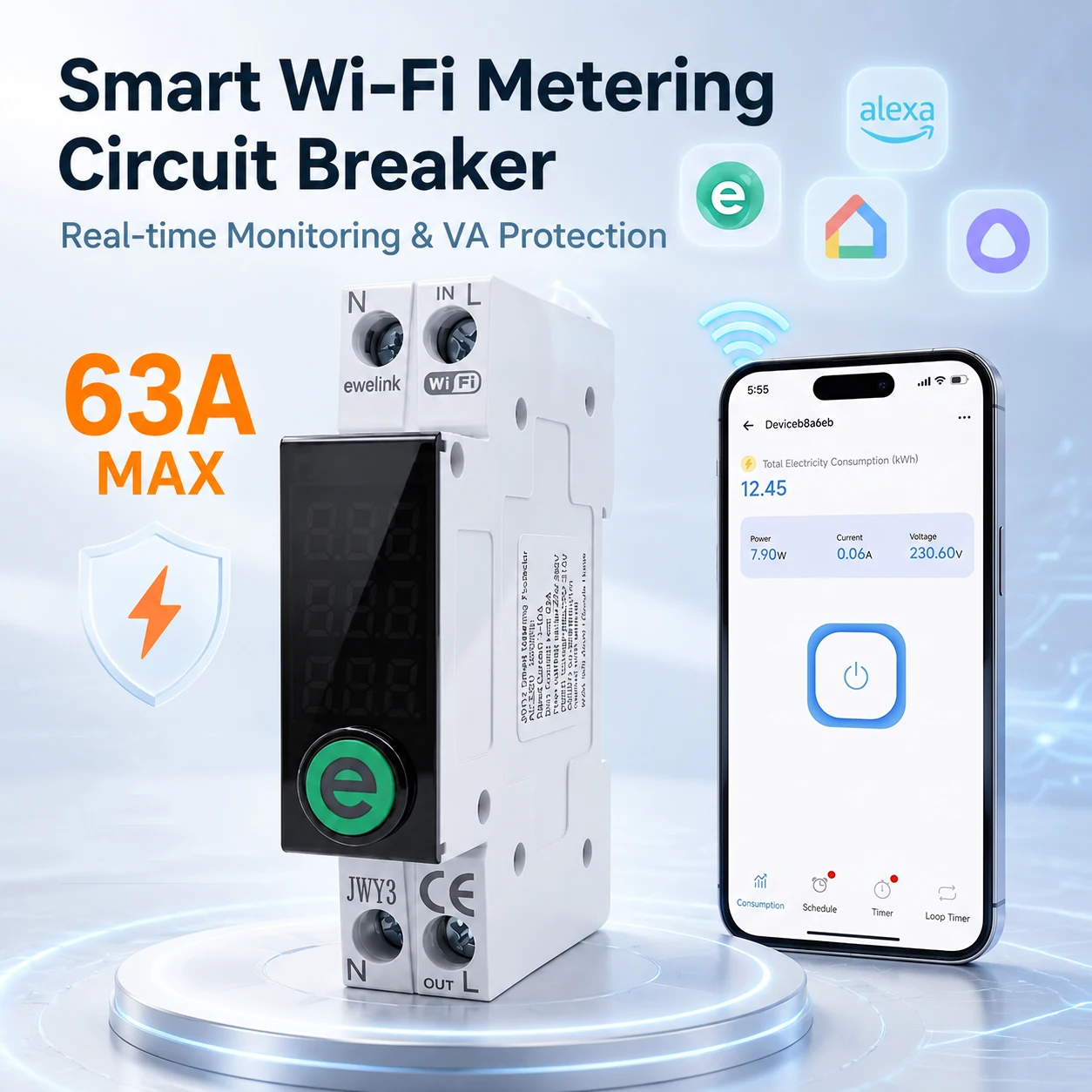 Ewelink 1P+N 63A WiFi Smart Switch Energy Meter kWh Metering Circuit Breaker Timer Relay Smart Home Protection for Alexa Google