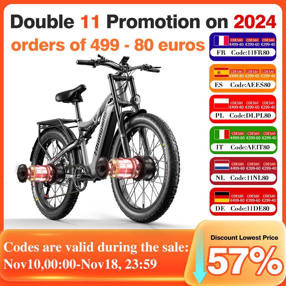 Shengmilo S600 Electric Bicycle with two motor 2000W Ebike 48V17.5AH Battery 26 Inch Fat Tire Bike  Men's E-Mountain bike e bike