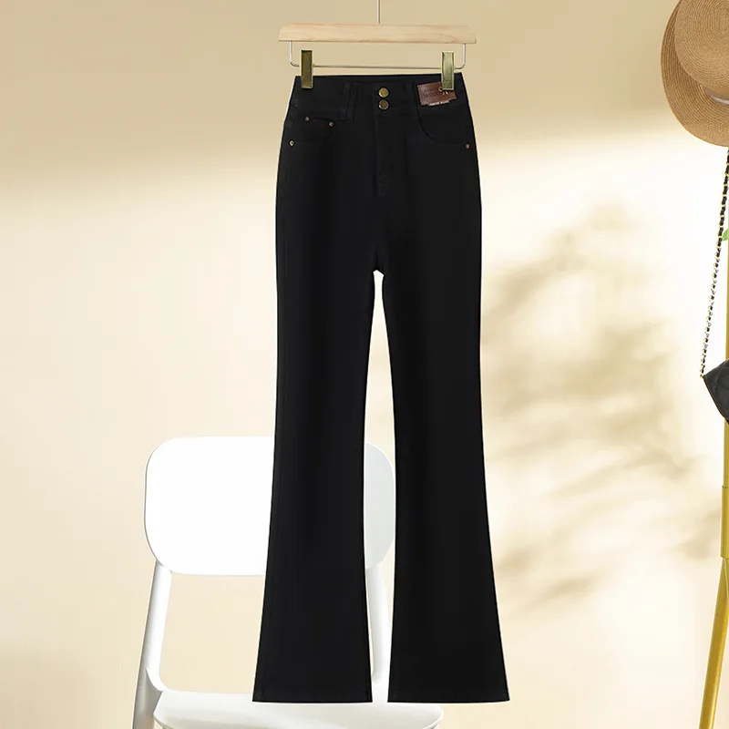 

Черные расклешенные джинсы для женщин, весна и осень, утолщенные, с высокой талией, для похудения, простые, универсальные, элегантные расклешенные брюки