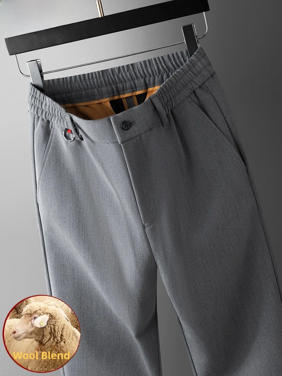 

High-End Woolen Men's Casual Pants Thickened Straight Leg Elastic Trousers Autumn Winter New Style Comfortable Breathable