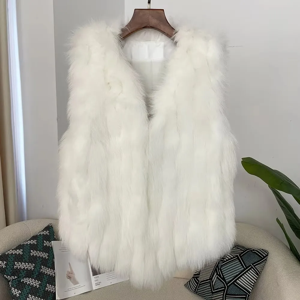 여성용 진짜 여우 모피 재킷, 민소매 천연 가죽 조끼, 두껍고 따뜻한 코트, 양면 우아한 브이넥 재킷, 2024 겨울