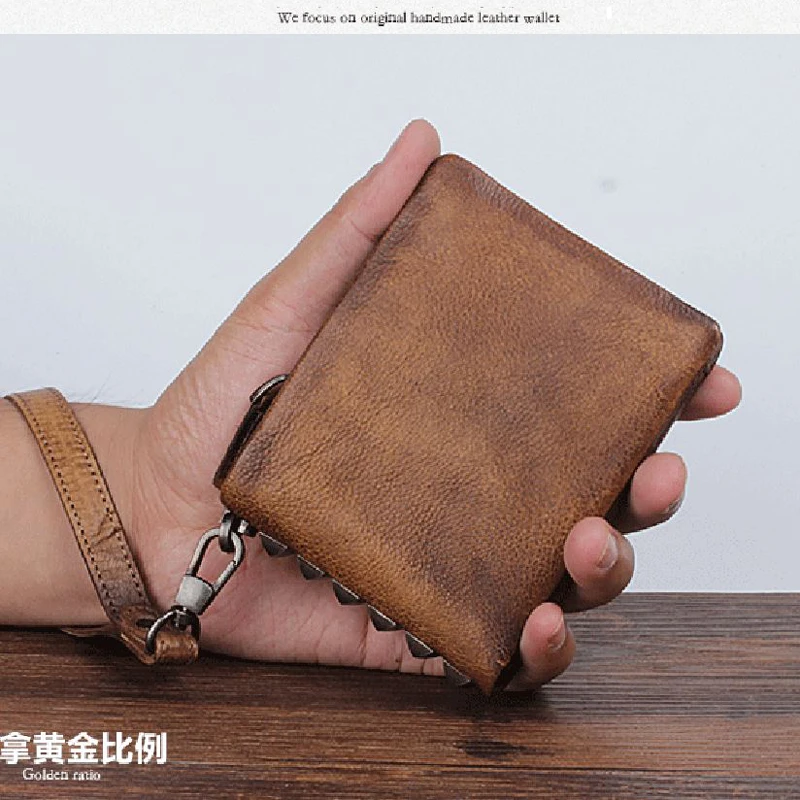 Vintage PUNK Studs Full Grain กระเป๋าสตางค์หนังแท้ผู้ชาย Bifold กระเป๋าสตางค์เข็มขัดกระเป๋าสตางค์ชายสั้นสไตล์เงินกระเป๋าคลิป WC010