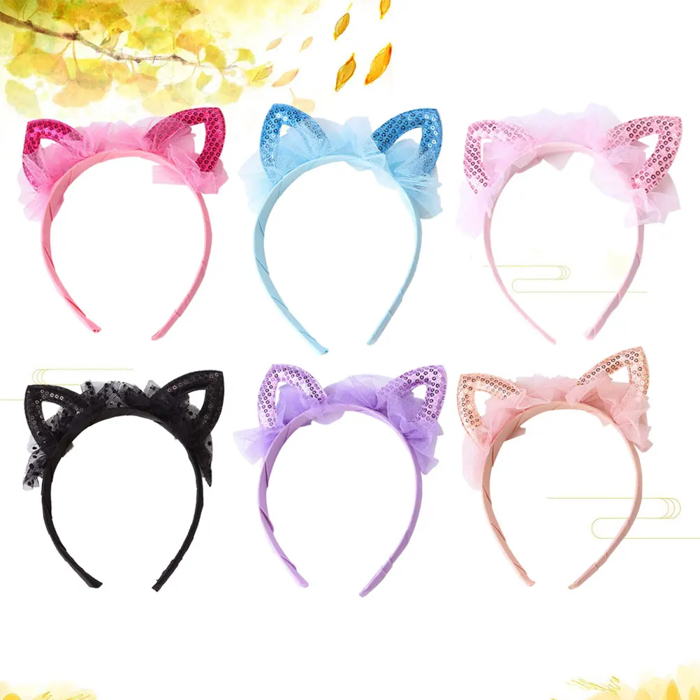 

6Pcs Girls Hair Hoop Lace Cat Ear Hairband Party Festival Daily Use Hair Accessories Black Blue Rose Red Pink Khaki Purple