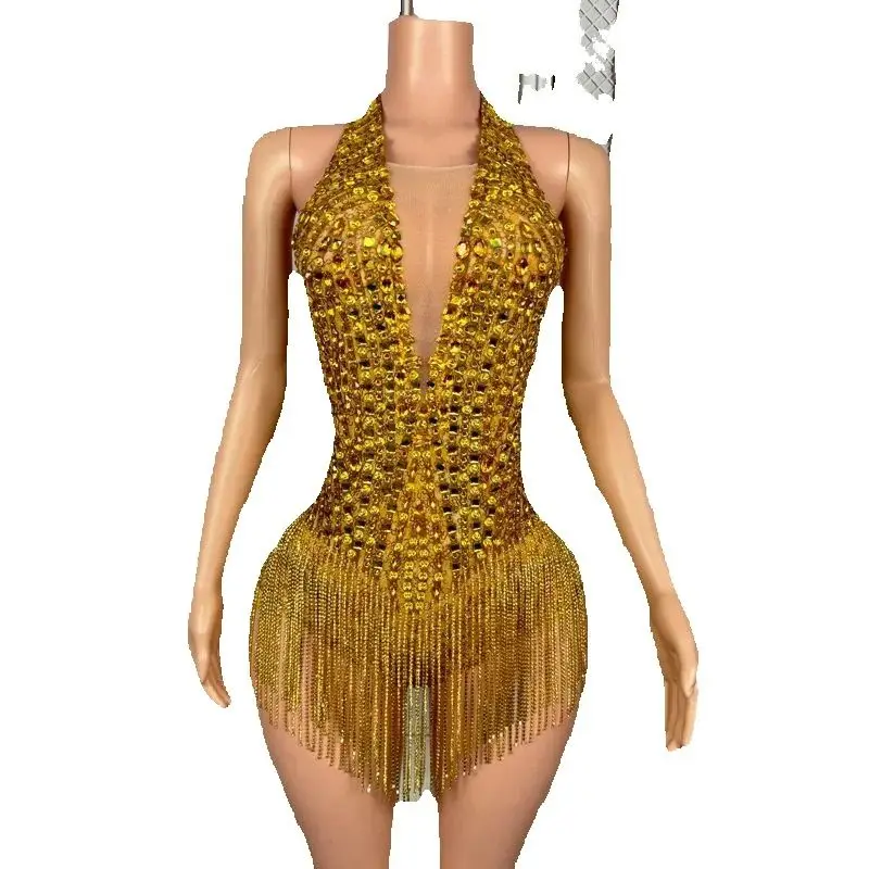 女性歌手パーティーフェスティバル衣装ゴールドラインストーンフリンジボディスーツナイトクラブ Dj Ds ポールダンス服ゴーゴー衣装 XS8863