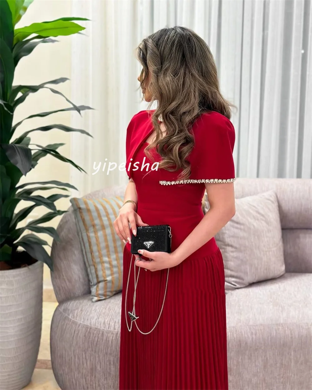 Customized Formal Modern Style Jersey Rhinestone Pleat Draped A-line High Collar Long Dresses Evening Dresses Matching Exquisite