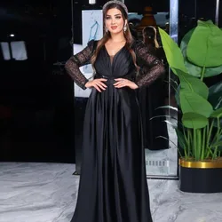 Eightale Arabic Evening Dress V-Neck Sequined Long Sleeves Customized Prom Wedding Party Gowns A-Line Satin Robe De Soirée