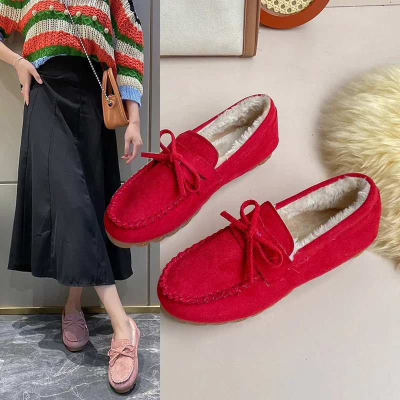 Women's Moccasins Soft Flat Fluffy Footwear Winter Female Shoes Home Warm Plush Bow  Slip On 2024 Vintage Fashion Comfort Shoes