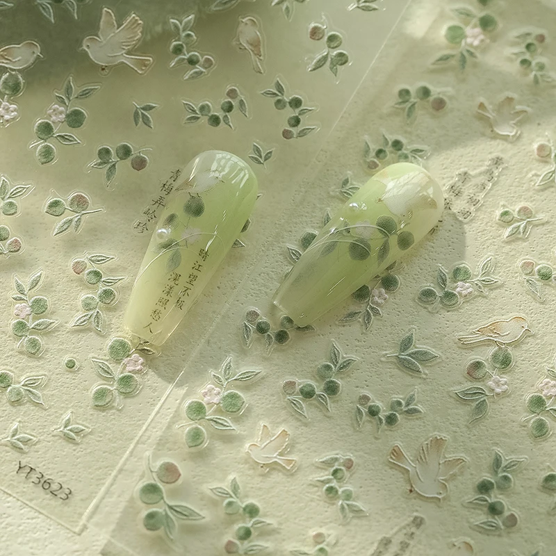 5D Embossed Chinese Style Nail Stickers Green Plum Oriole Self Adhesive Nail Art Decoration Decals Accessories DIY