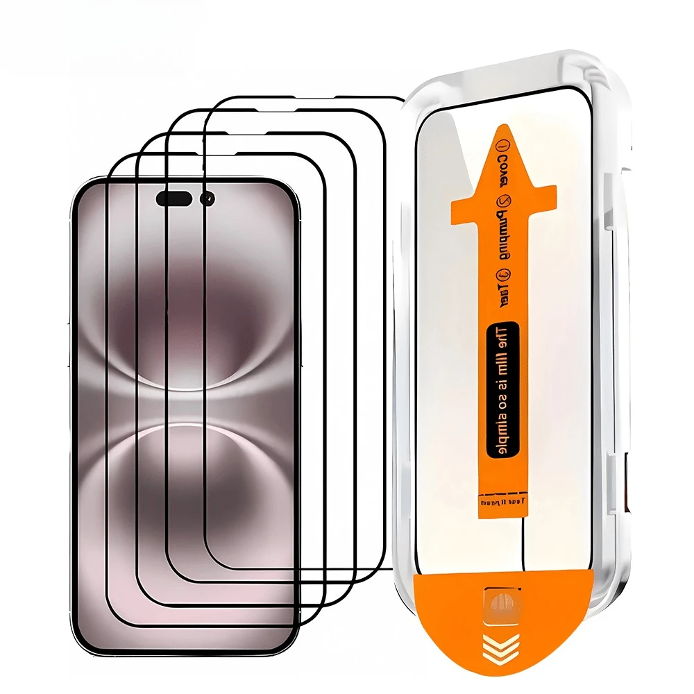 4 قطعة غطاء كامل واقي للشاشة من الزجاج المقسى لهاتف آيفون 11 12 13 14 15 16 Pro Max HD Clear 15 16 Plus XR XS Max Glass
