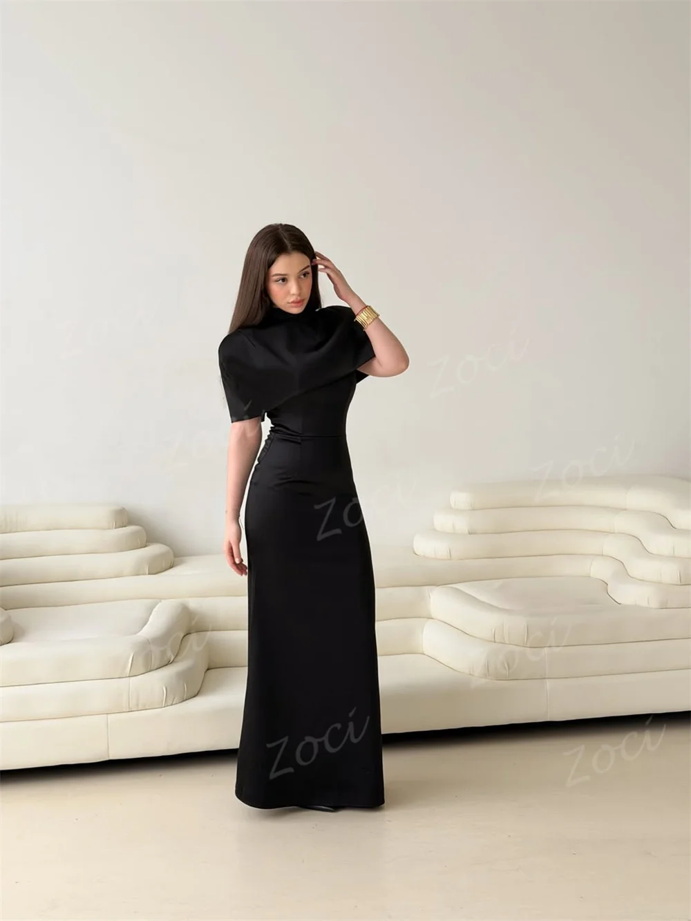 Sukienka wieczorowa Zoci, formalna, satynowa, z wysokim dekoltem, rękawami 3/4, krój syreny, na kolację, bankiet, czarna sukienka dla gości weselnych, szyta na miarę.