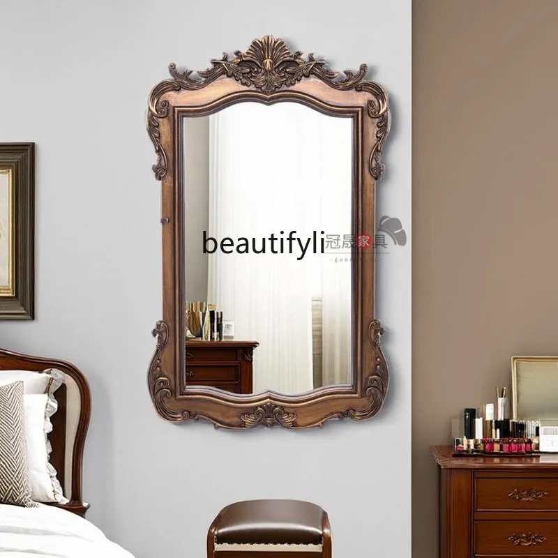

French retro makeup mirror wall hanging bedroom carved dressing mirror, special-shaped, porch background decorative mirror