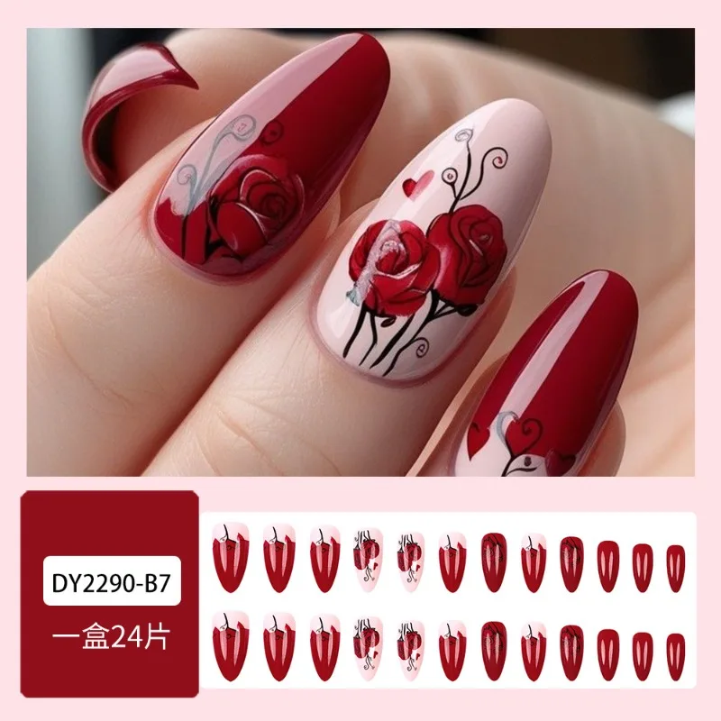 24 Stück süße rote Rosen-Muster, französische Kunstnägel mit Kleber, romantische Blumen-Herz-Presse auf künstlichen Nägeln für Spice Girls, abnehmbar