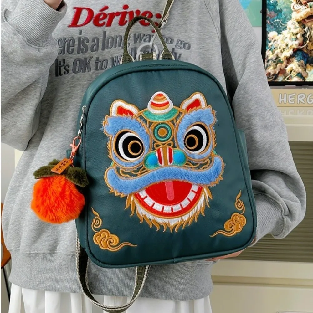 Fashion Vintage Lion Backpack Lion Dance Pattern Chinese Style School Bag Large Capacity Under 20L Book Bag for Boys and Girls