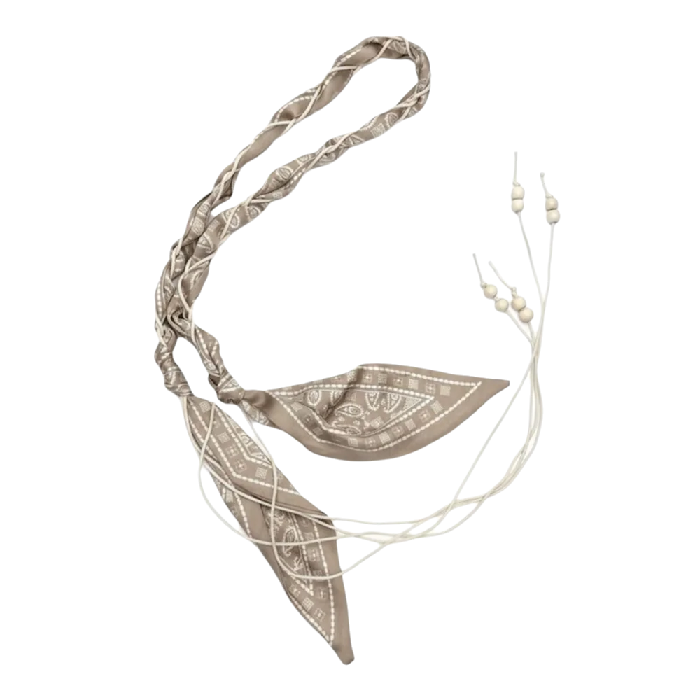 Macadamia Flower Waist Chain Tassel Detail Beaded Braided Waist Belt Decorative Detail Woven Design Silk Scarf Bohemian Style