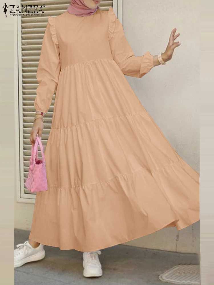 Autumn Fashion Long Sleeve Flounce Hem Sundress Elegant Solid Loose Abaya Ramadan Turkey Vestido Women Muslim Dress 2024 ZANZEA