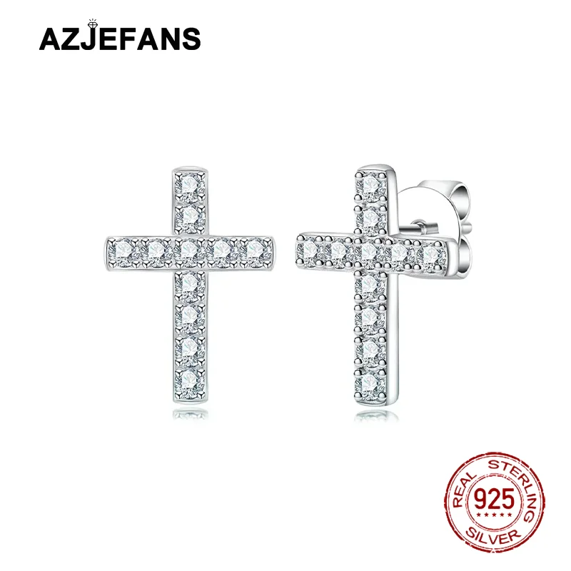 

AZJEFANS 925 Sterling Silver CZ Stone Cross Stud Earrings Fine Jewelry