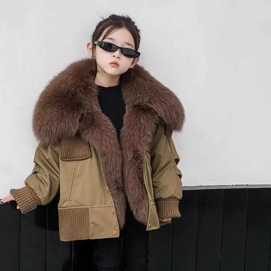 Winter New Children\'s Fur Coat Big Fox Fur CollarRex Rabbit Hair Inner Parkas Overcoat Thicker Warm Jackets For Boys Girls A3108