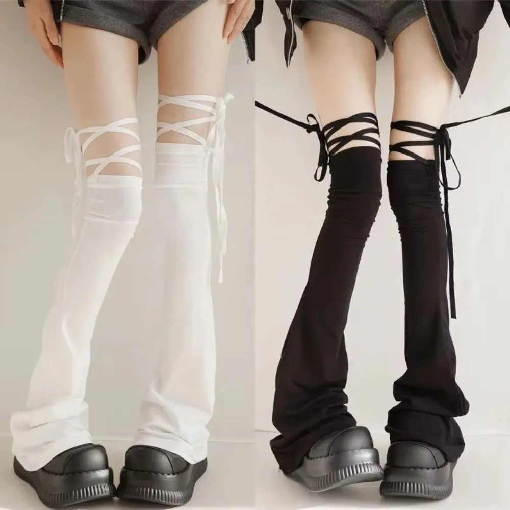 Y2K Over Knee High Sock Lace Up Closure Korean-Style Women's Leg Warmers Solid Color Comfortable Knee-high Leg Cuffs Daily Wear