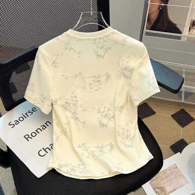 Large Size Women's Clothing Summer New Chinese Style Loose Plant Flower Print Flower Button Round Neck Short Sleeve T-shirt