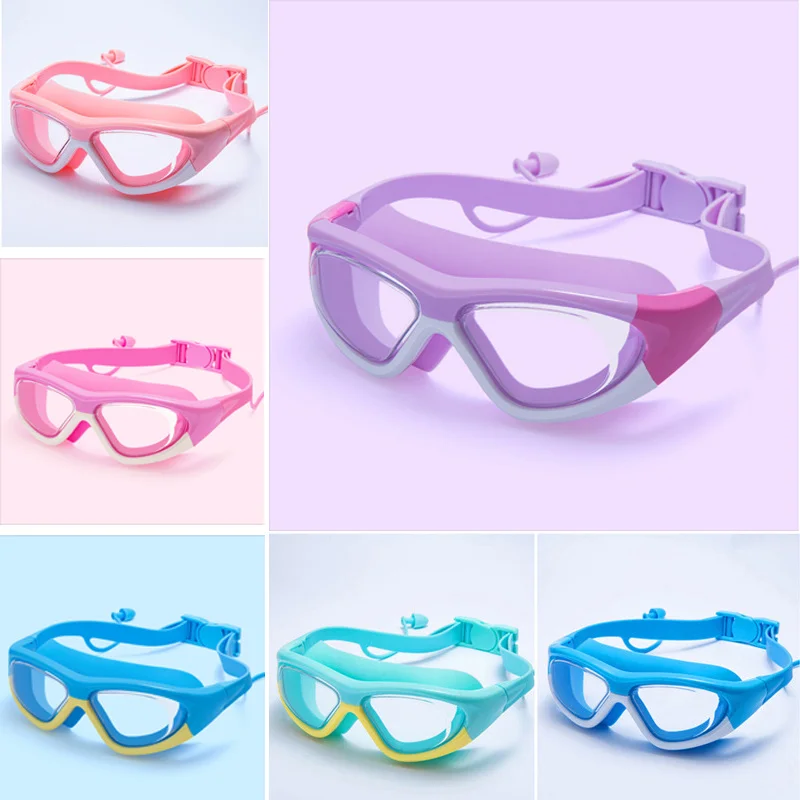 Waterproof Children's Swimming Goggles High-definition Anti-fog Wide-angle Large Frame Seal Wearing Earplugs Goggles for Kids