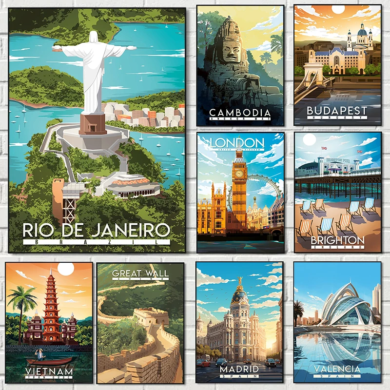 Classic Paris Florida New York Rio De Janeiro Brazil Travel illustration Poster Canvas Paintings Wall Art Pictures Home Decor