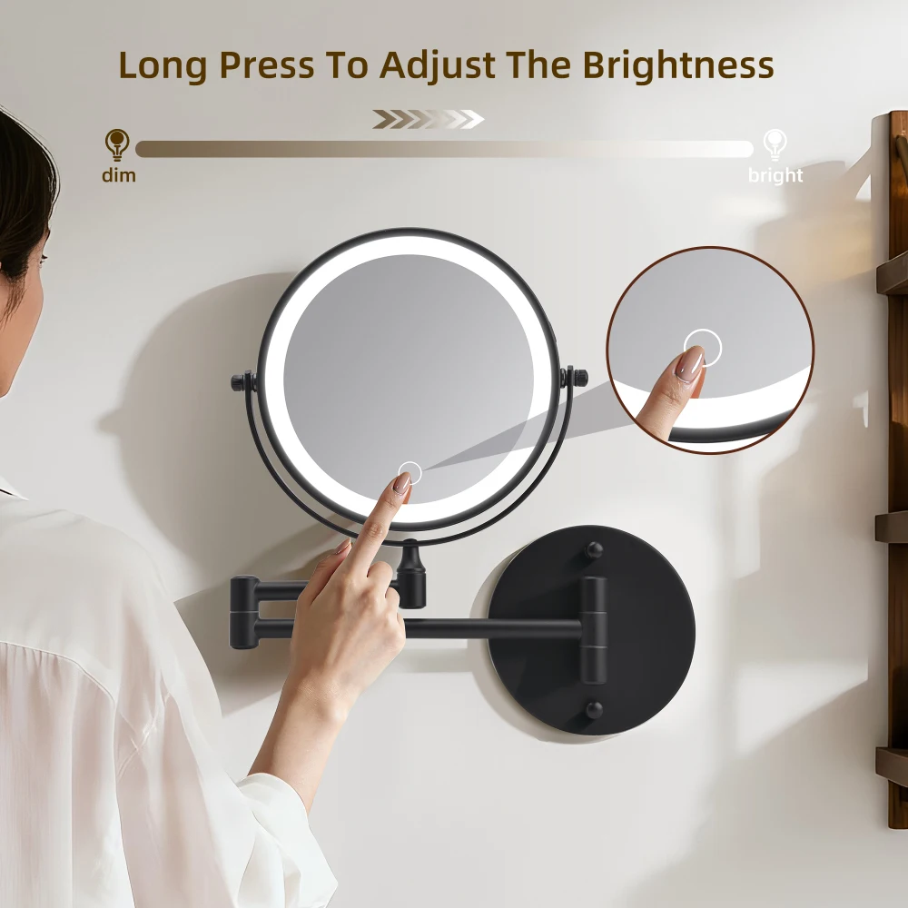Orraves Rechargeable Wall Mounted Makeup Mirror 8'' Magnifying Mirror with Lights Double-Sided 1X/10  360° Rotation Extension Bathroom Shaving Mirror with Foldable Arm