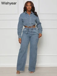 Elegant Denim Two Piece Set Women Long Sleeve Buttons Drawstring Jackets Crop Top Wide Leg Pants Jeans Suits Streetwear Outfit