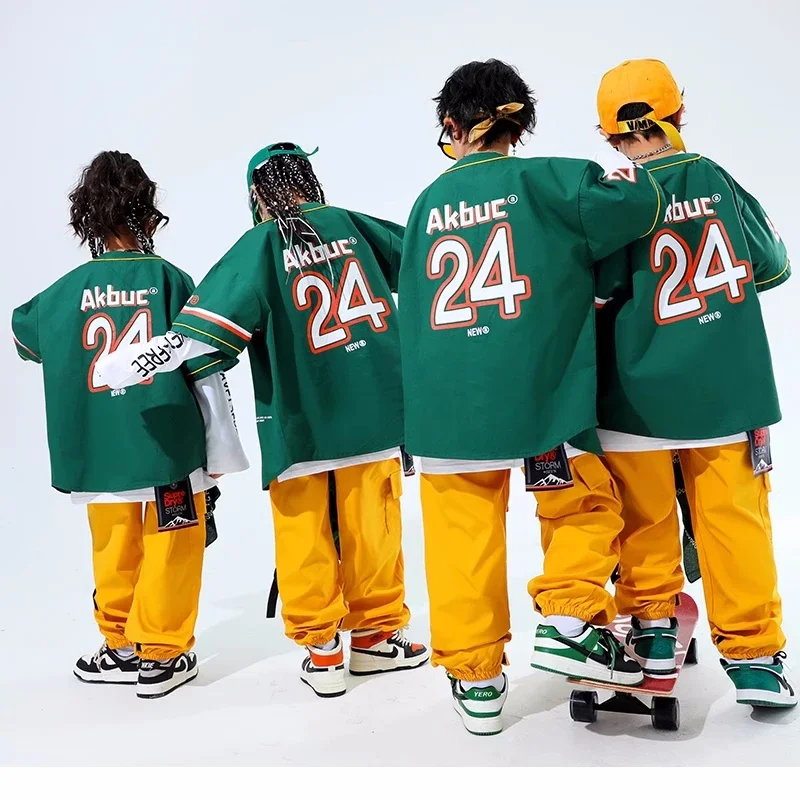 Hip Hop Kids Green Baseball Jacket Solid Cargo Pants Boys Girls Cool Streetwear Children Jazz Clothes Sets Street Dance Costumes