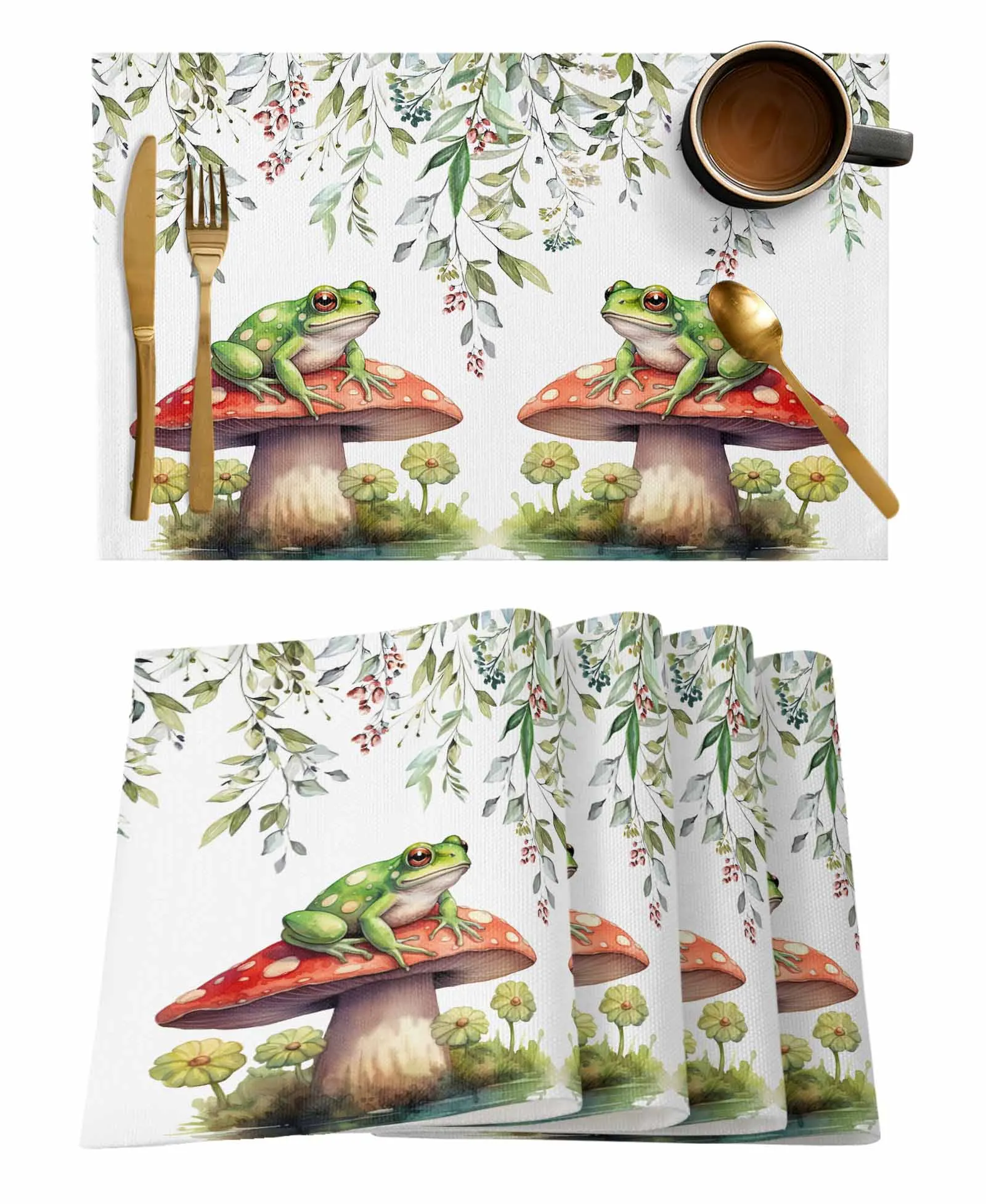 Frog Mushroom Flower Watercolor Table Mat Wedding Holiday Party Dining Table Placemat Kitchen Accessories Table Napkin