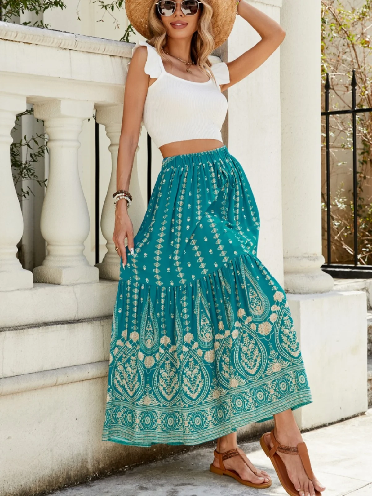 Bohemian Cotton Silk Beach Skirt Printed Patchwork Pleated High Waist A-Line Long Skirt for Vacation And Travel by the Sea