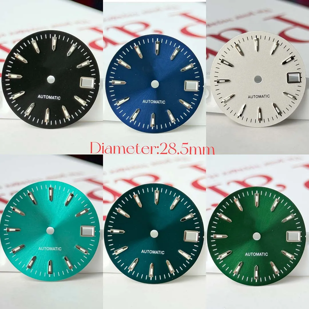 28.5mm New Watch Accessory GS Logo Fine Nail Sun Pattern Dial Green Night Light Suitable for NH35 Mechanical Movement