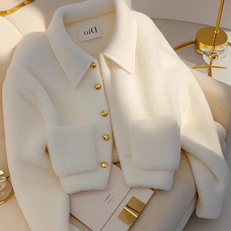 White Lambswool Coat Women's 2026 Autumn Winter New Thick Warm Jacket Top Long Sleeve Elegant Luxury Fur Casual Lady Outwear Y2K