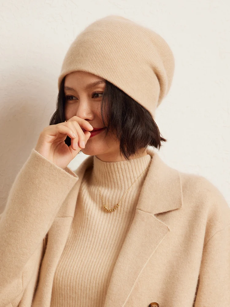 新しい秋冬女性の 100% カシミヤ二重層暖かいカシミヤニット帽子高品質厚いカジュアルカシミヤ帽子